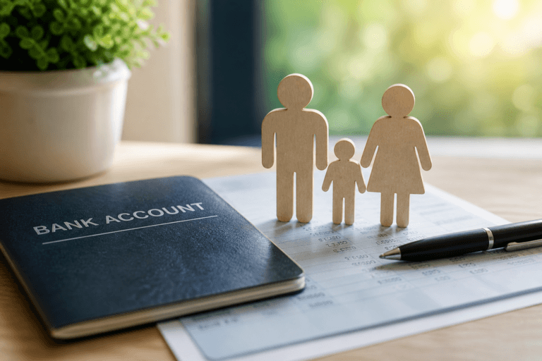 Wooden family figurines standing on financial documents beside a bank account booklet and pen on a softly lit desk.