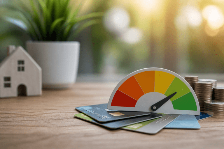 Close-up of a credit score gauge resting on top of several credit cards beside stacked coins and a small house model on a wooden desk, with soft natural light and a blurred plant in the background.