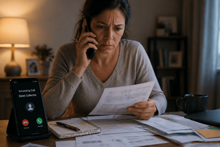 Woman at home desk looking stressed while speaking on the phone with a debt collector, reviewing bills and paperwork spread across the table.