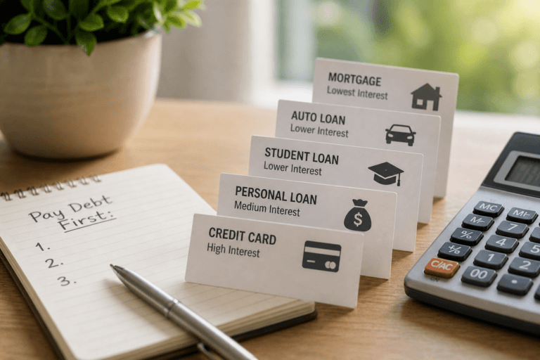 Beneficiary on a bank account represented by wooden family figures standing on financial documents beside a bank account booklet and pen.