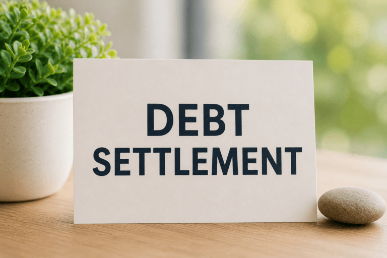 Debt settlement concept image with debt settlement sign on a desk beside a plant in soft natural light.