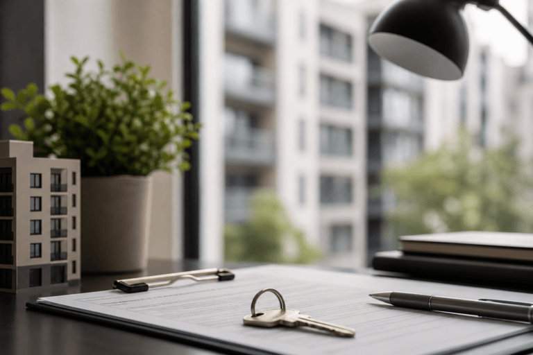 Modern rental lease paperwork on a desk with a key, pen, small building model, and potted plant, set against a softly blurred apartment building background.