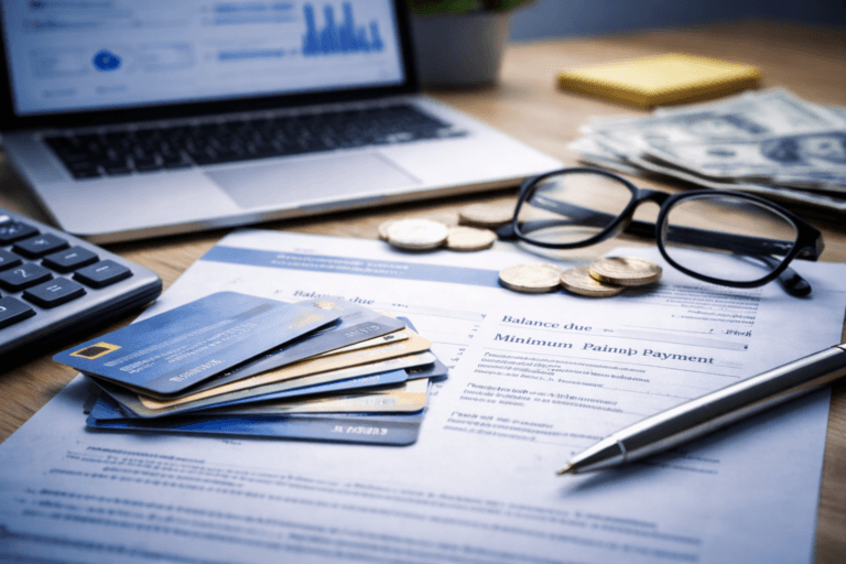 credit cards on statement showing minimum payment with calculator cash and laptop representing credit card debt and interest