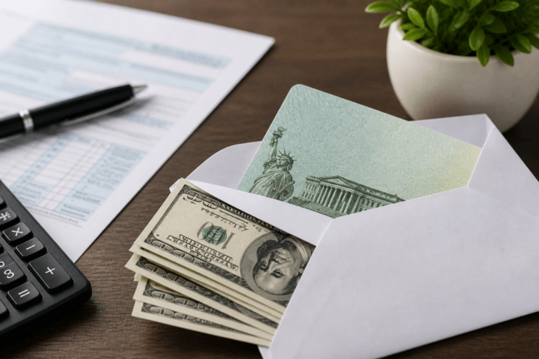 IRS tax refund concept with cash in an envelope beside tax documents and calculator on a wooden desk.