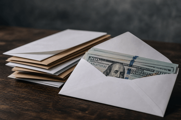 Hidden cost of not having a bank account shown with cash envelopes and paper bills on a wooden desk.