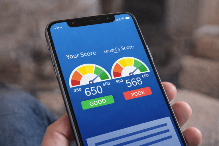 credit score shown on a phone app with gauge and number representing how credit scores are displayed and evaluated by lenders