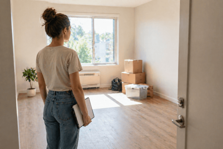 A renter stands in an almost empty apartment with moving boxes, looking around the room while holding a tablet during a move-out inspection.