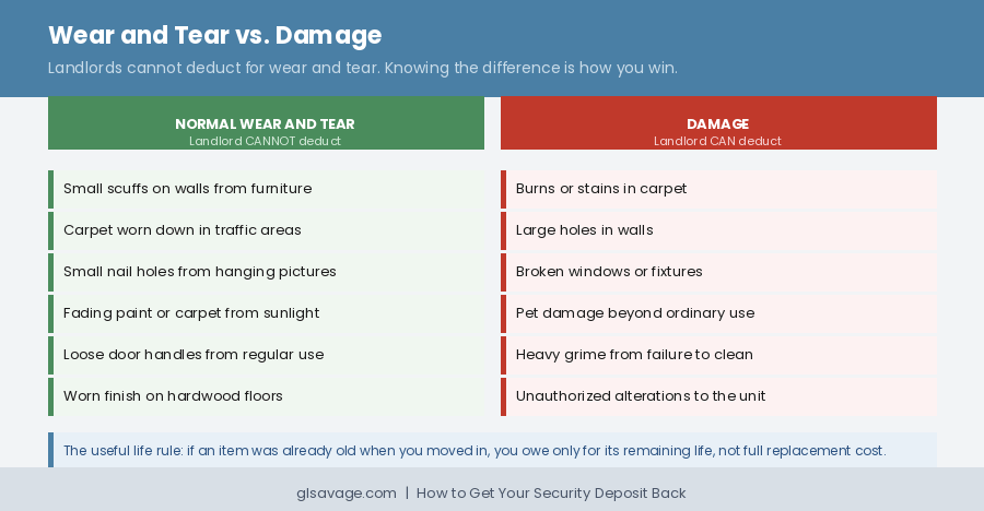 Side-by-side comparison of normal wear and tear versus damage, showing what landlords can and cannot deduct from a security deposit