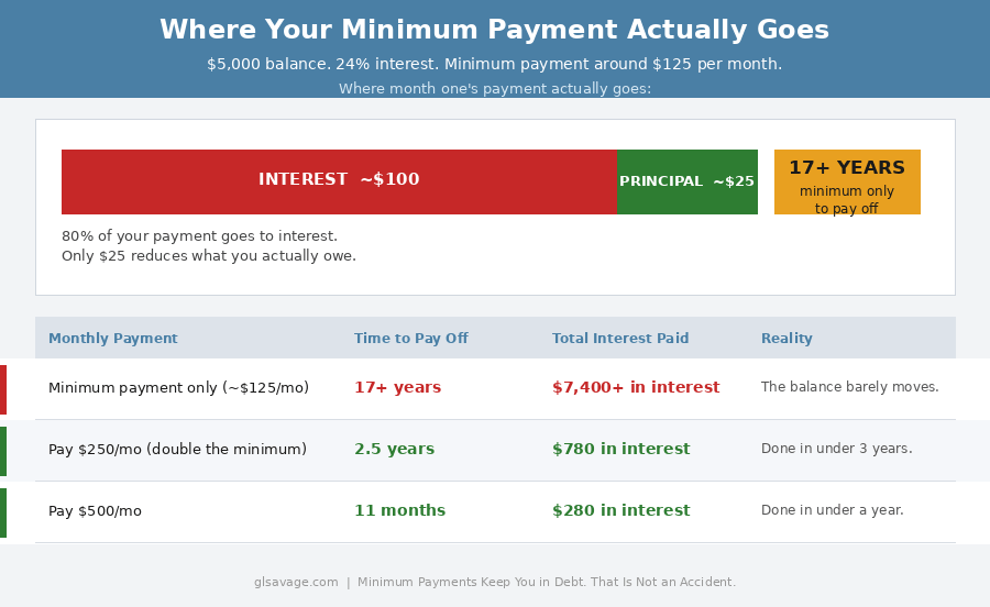 Where your minimum payment goes on a $5000 credit card balance at 24 percent interest showing 80 percent to interest and 17 years to pay off making minimum payments versus 2.5 years paying double