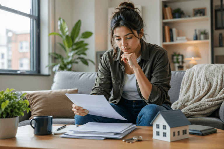 A renter sits on a couch in a bright apartment, reviewing lease documents at a coffee table with papers, keys, a coffee mug, and a small model house nearby.