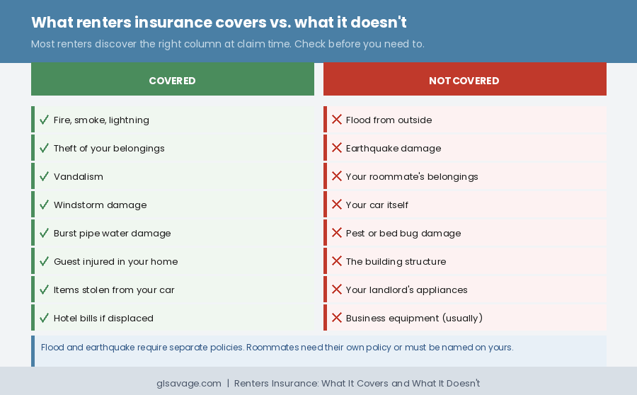 Side-by-side comparison showing what renters insurance covers including fire, theft, and burst pipes, versus what it does not cover including floods, earthquakes, roommate belongings, and pest damage