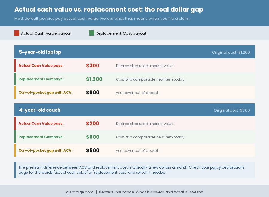 Two examples showing the dollar gap between actual cash value and replacement cost payouts, with a five-year-old laptop paying $300 under ACV versus $1,200 under replacement cost, and a four-year-old couch paying $200 versus $800