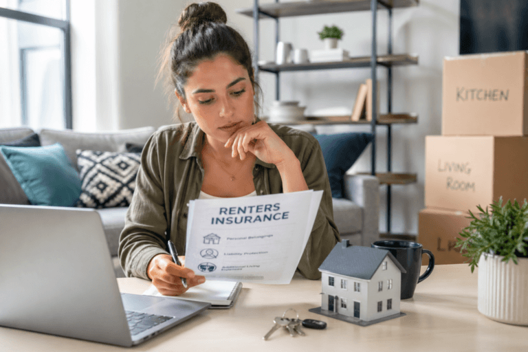 A renter sits at a desk in a bright apartment reviewing insurance paperwork, with a laptop, keys, coffee mug, moving boxes, and a small model house nearby.