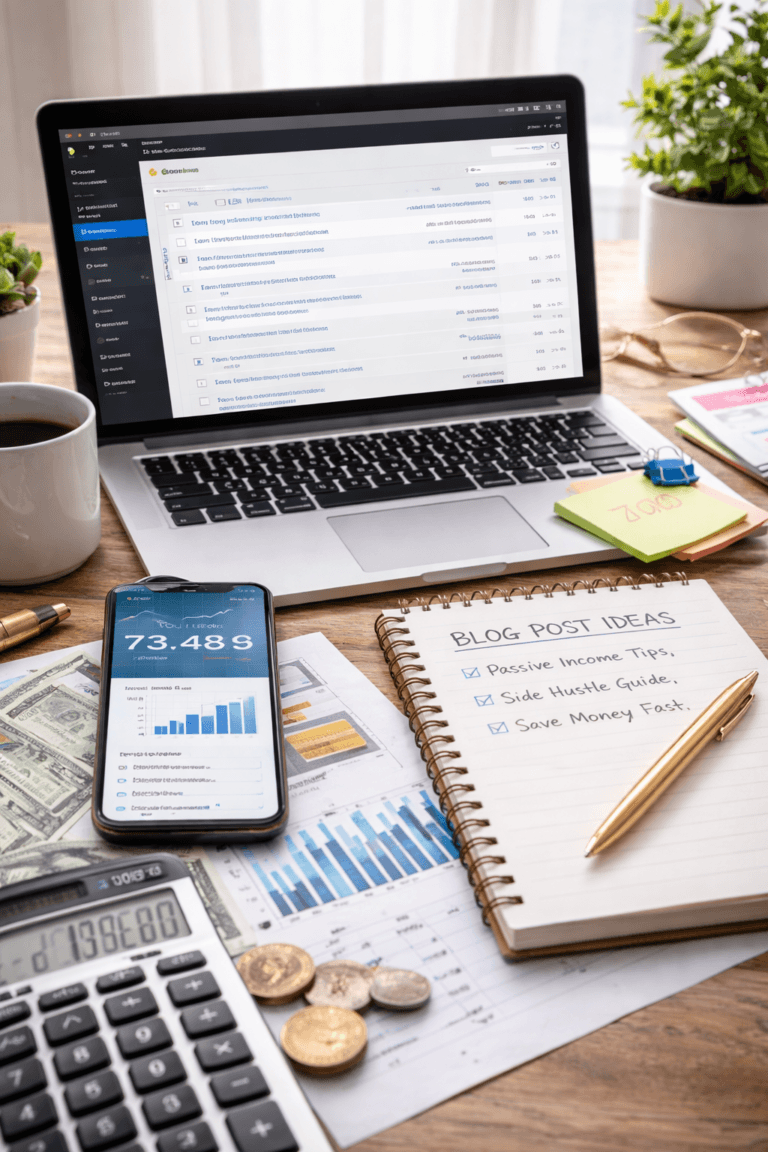 workspace with laptop blog dashboard smartphone analytics notebook and financial documents representing affiliate marketing content creation and online income setup