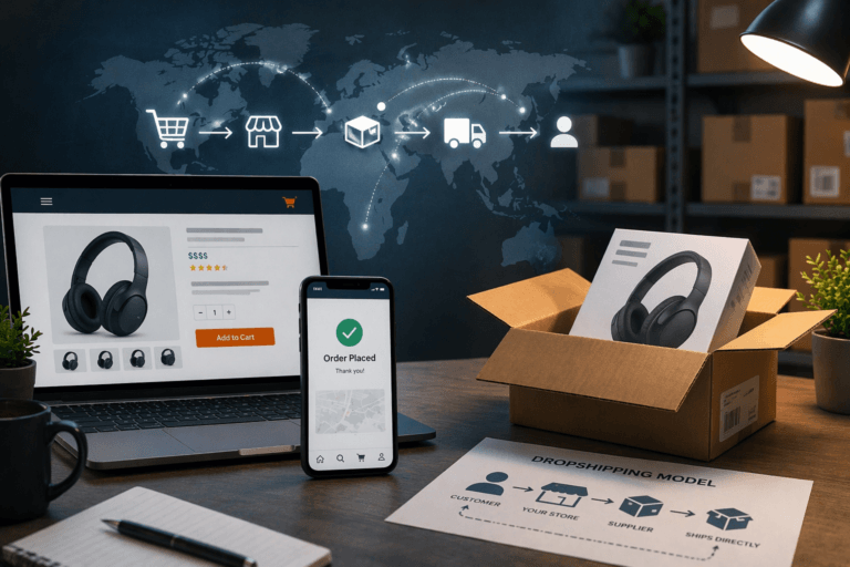 Laptop and phone showing an online order with shipping boxes representing dropshipping fulfillment process