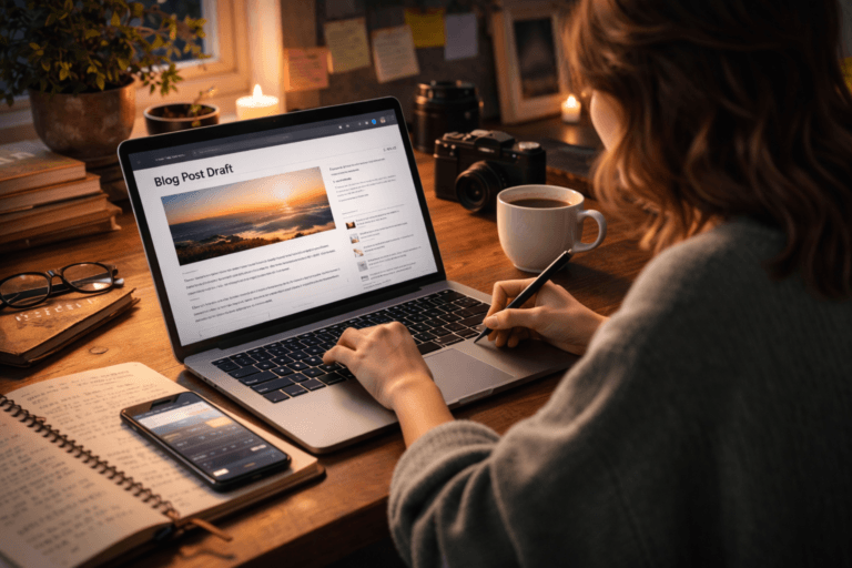 Person writing a blog post on laptop at home desk with notebook, coffee, and camera nearby