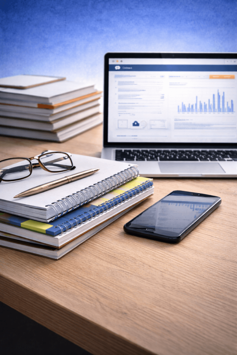 online course workspace with laptop notebooks phone and glasses representing digital learning and side hustle education