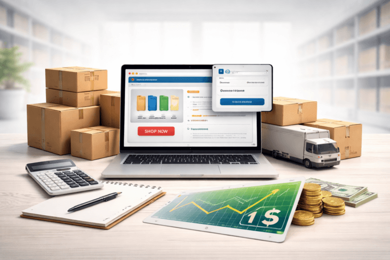 Laptop showing an online store dashboard surrounded by shipping boxes, delivery truck, calculator, and financial items on a clean workspace