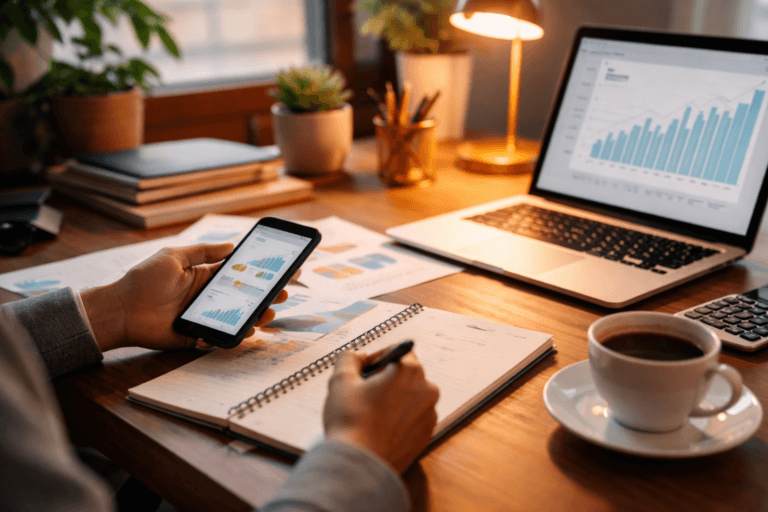 A warmly lit, modern workspace with a laptop displaying financial charts, a smartphone showing a budgeting app, a notebook with handwritten notes, and a cup of coffee on a wooden desk, suggesting focused freelance financial planning.