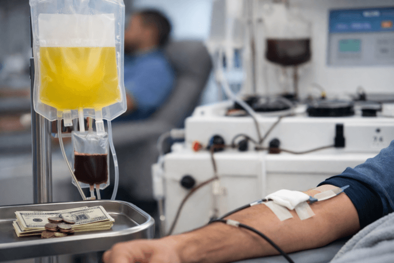 plasma donation process with arm connected to machine and payment money shown in foreground