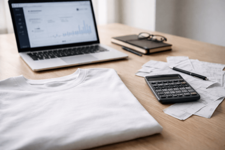 print on demand t-shirt workspace with laptop calculator and receipts showing real business costs