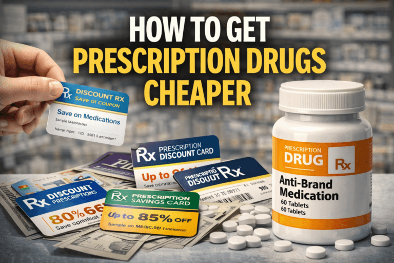 Prescription drug savings concept showing a pill bottle, discount cards, cash, and the headline “How to Get Prescription Drugs Cheaper.”