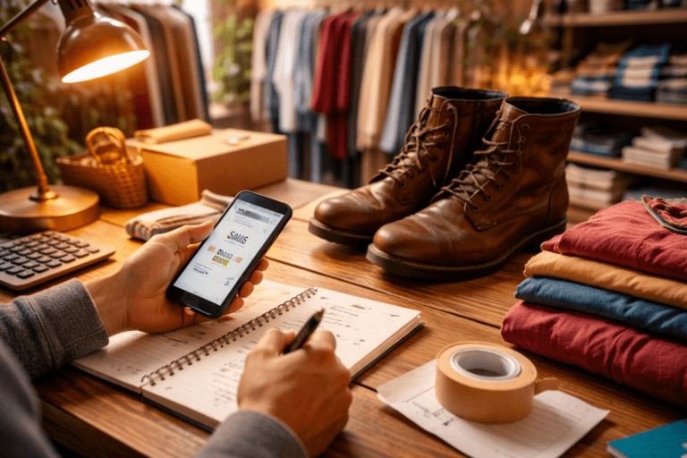 A warmly lit workspace with thrifted clothing, leather boots, and packing supplies on a wooden table, as a person uses a smartphone and notebook to track resale items.