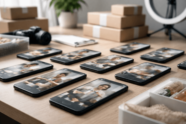 Multiple smartphones displaying similar product videos on a desk with filming setup and boxes representing UGC content production