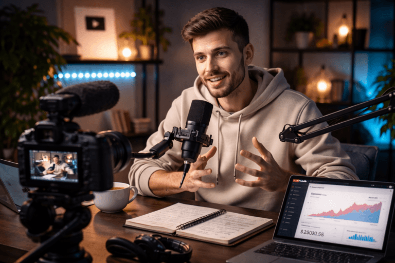 Content creator recording a YouTube video at home desk with camera, microphone, and analytics visible on laptop