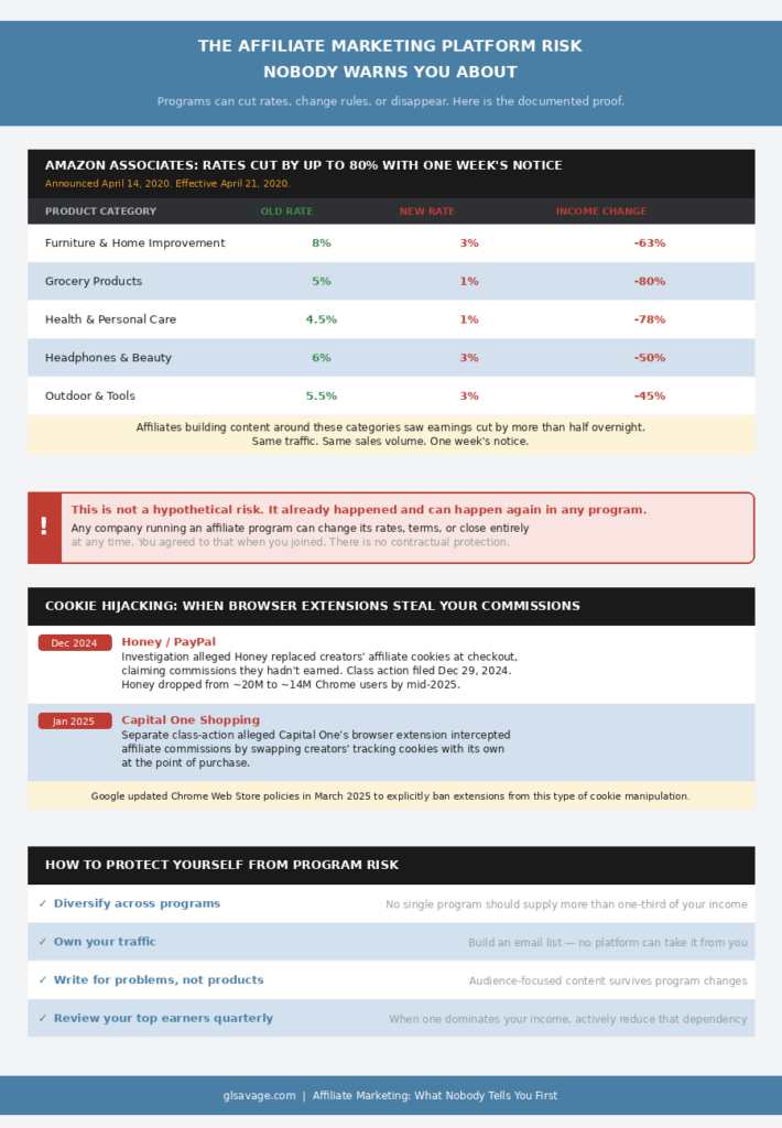 Chart showing Amazon Associates commission rate cuts by category in April 2020, the Honey and Capital One cookie hijacking lawsuits in affiliate marketing, and a checklist for protecting affiliate income from program risk