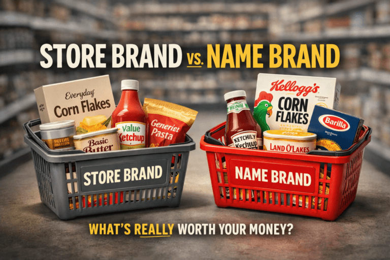 Two grocery baskets side by side in a store aisle—one labeled “Store Brand” with plain packaging, the other “Name Brand” with recognizable branded products, with the headline “Store Brand vs. Name Brand: What’s Really Worth Your Money?”