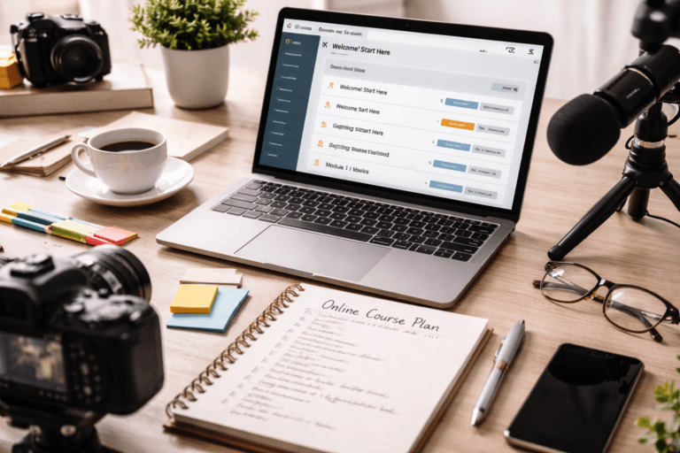 workspace with laptop showing course creation dashboard notebook with lesson plan and camera equipment representing building an online course