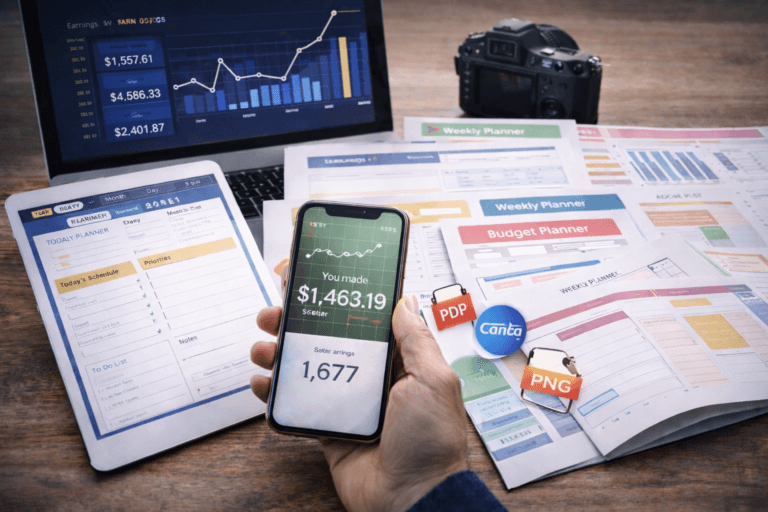 digital product workspace with laptop phone and printed planners showing online sales setup and digital product business
