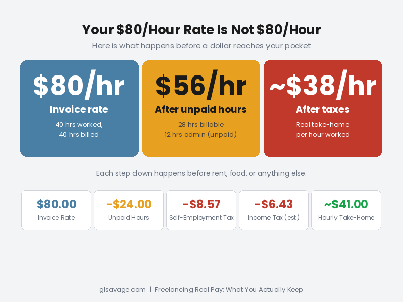 Freelancing real pay per hour drops from $80 invoice rate to $56 after unpaid hours to approximately $38 after self-employment tax