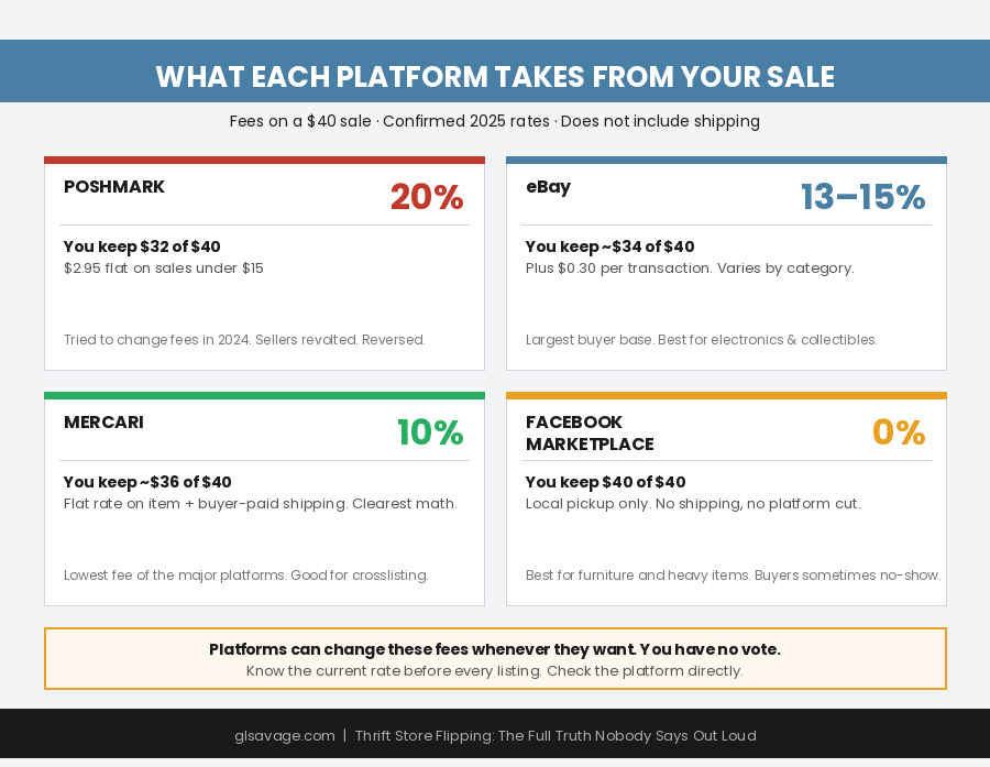 Platform fee comparison for thrift store flipping showing Poshmark at 20 percent, eBay at 13 to 15 percent, Mercari at 10 percent, and Facebook Marketplace at zero percent on a $40 sale