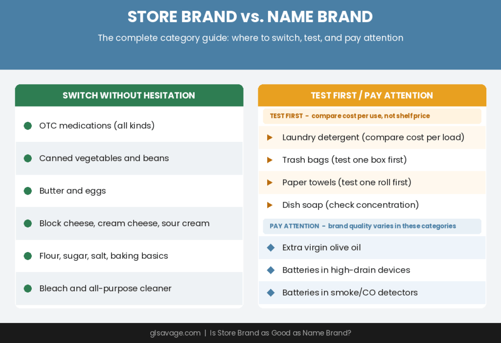 Store brand vs name brand category guide showing which grocery and household products to switch, test, or pay attention to